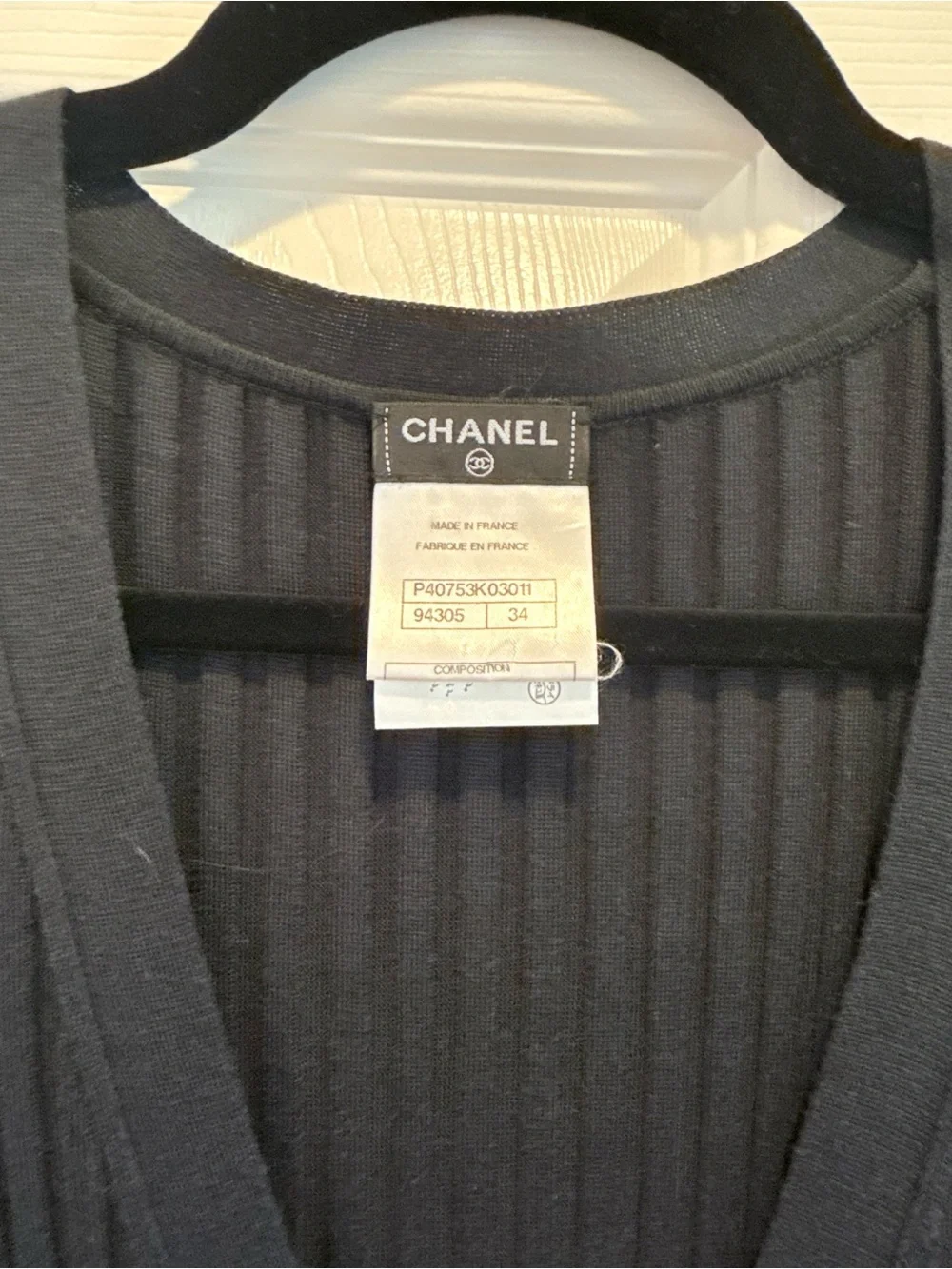 CHANEL Black Ribbed V-Neck Long Cardigan